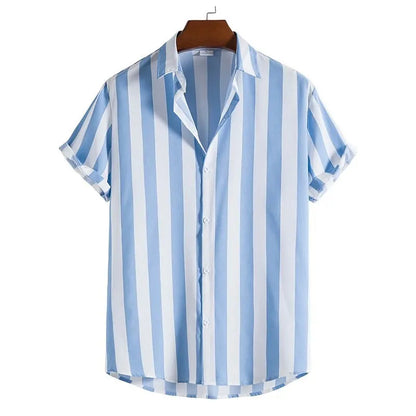 Listrado simples camisa masculina casual solto lapela cardigan topo tamanho grande camisa de manga curta masculina high-end confortável e simples