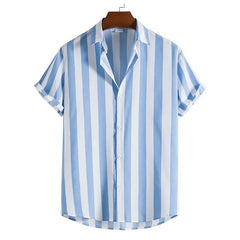 Listrado simples camisa masculina casual solto lapela cardigan topo tamanho grande camisa de manga curta masculina high-end confortável e simples
