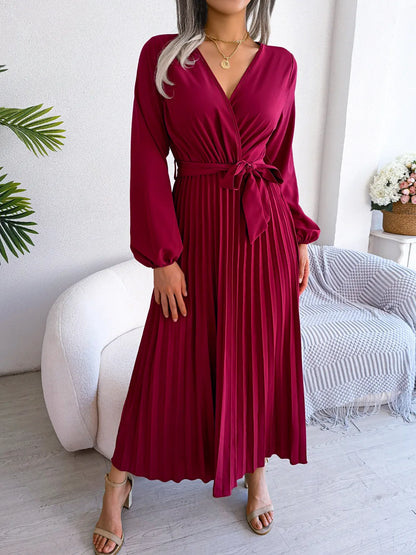 Elegante V Neck manga comprida das mulheres plissado vestido Maxi