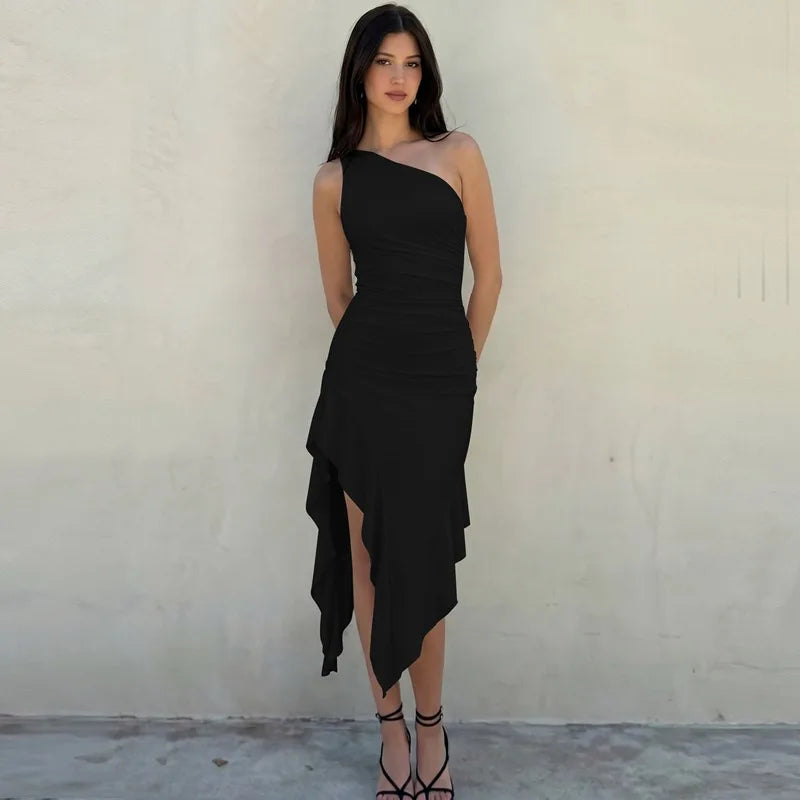 Vestido Longo Feminino Absobe de Cor Sólida com Um Ombro, Babados Assimétricos, Sexy, Justo, Franzido, Elegante, para Balada, Verão 2026