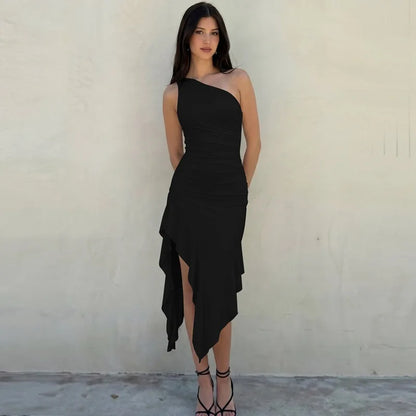 Vestido Longo Feminino Absobe de Cor Sólida com Um Ombro, Babados Assimétricos, Sexy, Justo, Franzido, Elegante, para Balada, Verão 2026