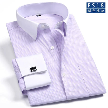 Camisa masculina clássica com punhos franceses, camisa social formal de negócios, ajuste padrão, manga longa, festa de casamento, escritório, trabalho, camisas brancas