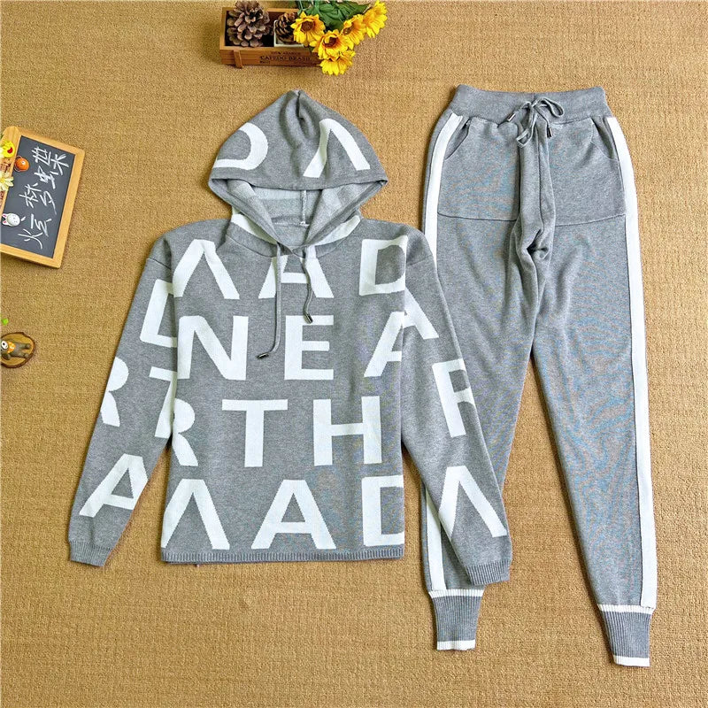 Feminino casual impresso terno de manga comprida gola alta cintura cinched moletom elástico calças senhoras conjunto de duas peças lx1228