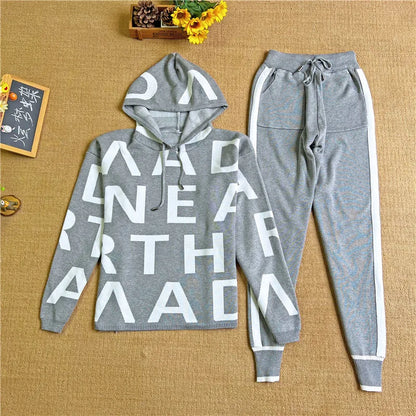 Feminino casual impresso terno de manga comprida gola alta cintura cinched moletom elástico calças senhoras conjunto de duas peças lx1228
