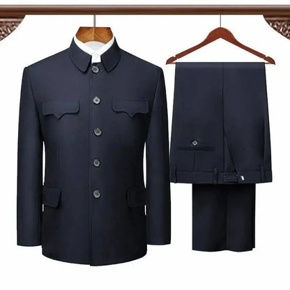 Túnica chinesa terno primavera outono idosos mais recentes casaco calça projetos de duas peças dos homens formal wear pai roupas azul dupla camada