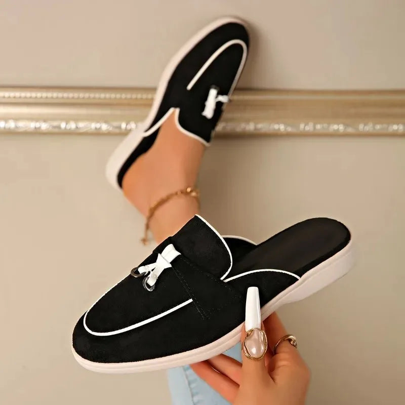 Novas Pantufas Femininas de Camurça 2026 Retrô com Bico Fechado, Sola Plana Antiderrapante e Confortáveis, Estilo Slide Aberto Atrás