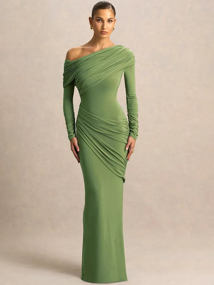 Um ombro manga longa sexy maxi vestido feminino elegante gola inclinada sem costas ruched sólido chique bodycon clube vestidos de festa
