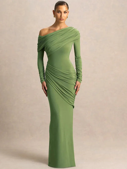 Um ombro manga longa sexy maxi vestido feminino elegante gola inclinada sem costas ruched sólido chique bodycon clube vestidos de festa