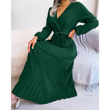 Vestido Feminino Longo Verde de Outono 2026 Novo, Manga Comprida, Cor Sólida, Decote V Cruzado com Cadarço, Saia Plissada Ampla - Roupas Femininas