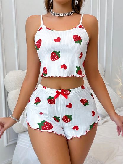 Conjunto de Pijama Feminino 2 Peças com Estampa de Morango de Verão, Roupa de Dormir Casual, Top Cropped com Alças e Shorts, Confortável para Usar em Casa