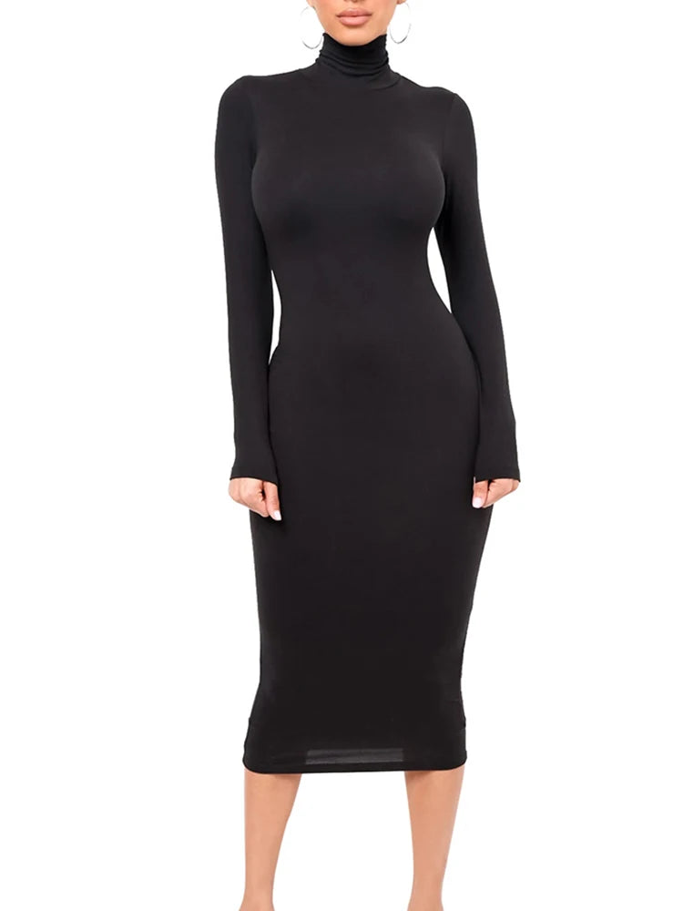 Inverno preto gola alta sexy vestido feminino outono manga longa magro midi boydcon casual azul pelúcia na altura do joelho festa