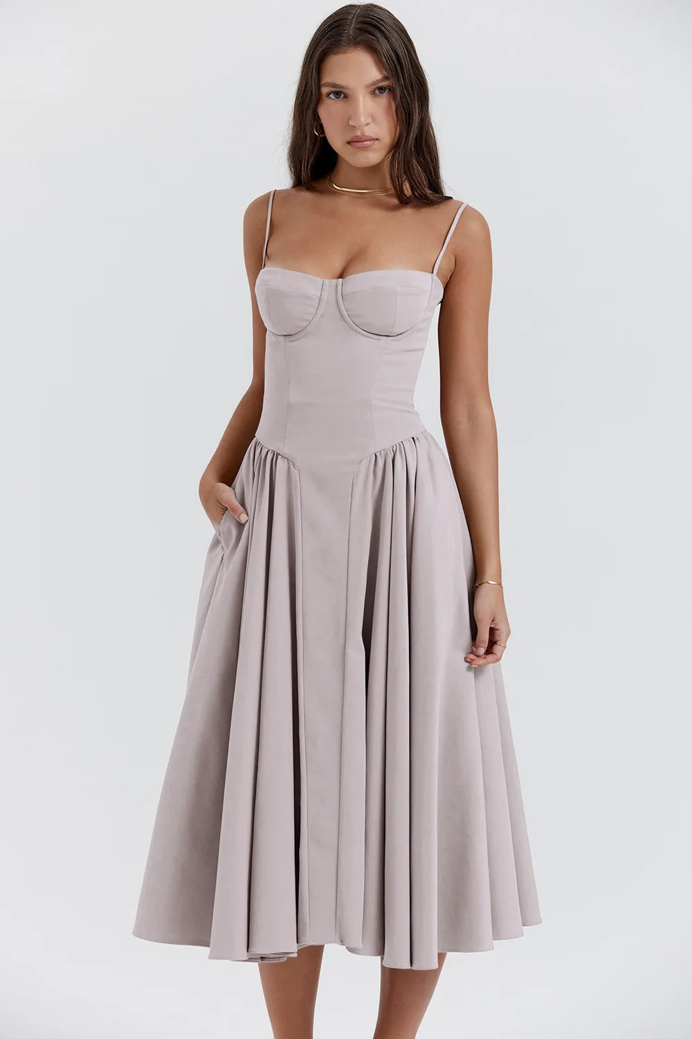 Elegante vestido plissado sem encosto sem mangas feminino, vestido Midi monocromático, vestido feminino de festa à noite, sexy, verão, 2024