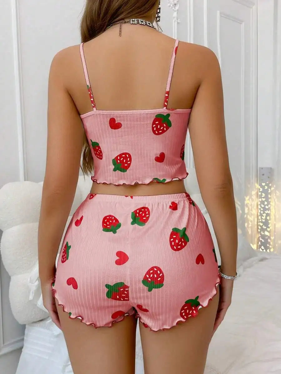 Conjunto de Pijama Feminino 2 Peças com Estampa de Morango de Verão, Roupa de Dormir Casual, Top Cropped com Alças e Shorts, Confortável para Usar em Casa