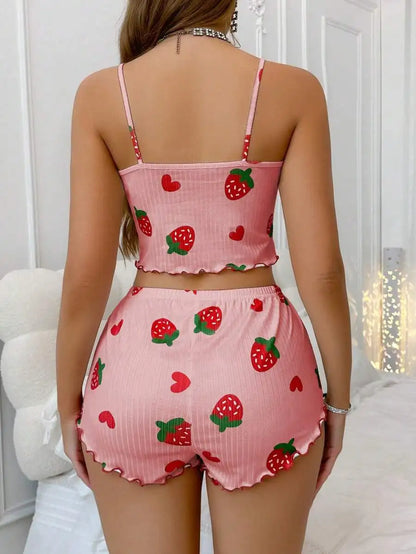 Conjunto de Pijama Feminino 2 Peças com Estampa de Morango de Verão, Roupa de Dormir Casual, Top Cropped com Alças e Shorts, Confortável para Usar em Casa