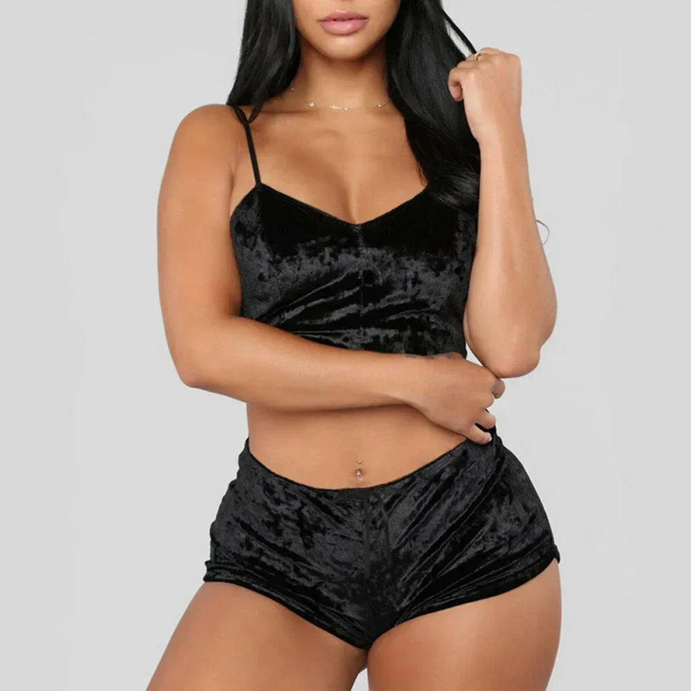 Conjunto de pijama de veludo sem mangas feminino, roupa interior confortável com decote em v, blusa e shorts, poliéster Homewear, 2 peças por conjunto