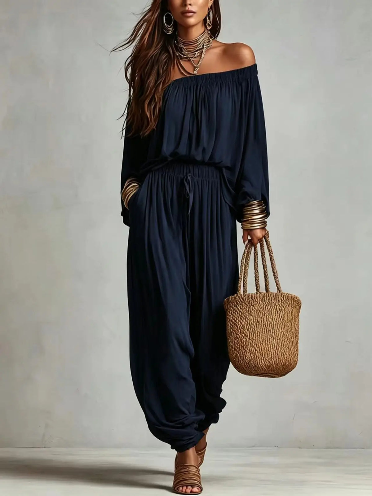 Conjunto Elegante de Duas Peças com Blusa de Manga Longa Off Shoulder e Calças Jogger com Cordão para Mulheres
