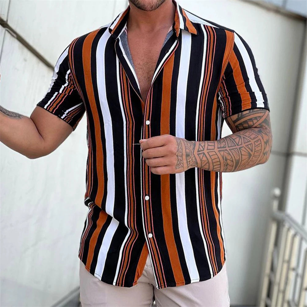 Camiseta listrada de manga curta com botão havaiano masculina, blusa xadrez, roupa de praia vermelha, camisa preta e branca, roupas masculinas, verão