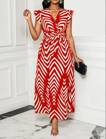 Vestido Longo Elegante Estampado com Decote em V e Cinto na Cintura, Listras, Estilo Casual Verão 2025, Moda Feminina, Peça Única para Passeio na Cidade
