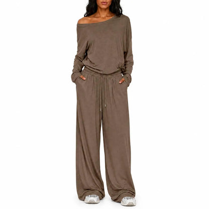 Conjunto Feminino de 2 Peças: Blusa Ombro a Ombro de Manga Longa Solta e Calça Pantalona com Cordão e Bolsos – Macio e Casual