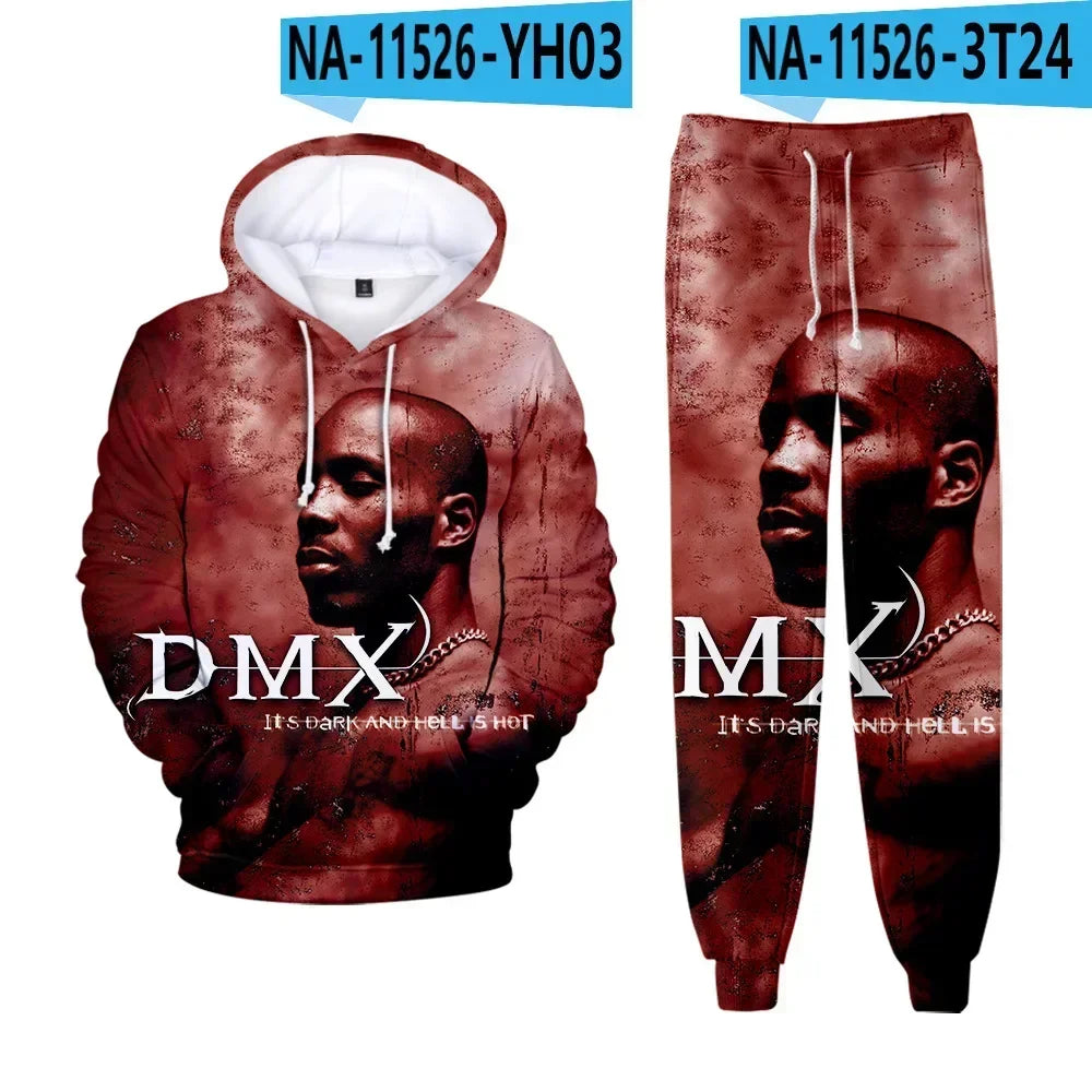 Hip hop rapper dmx impressão 3d conjuntos de treino masculino moda terno esportivo moletom com capuz + moletom roupas masculinas 2 peças conjunto
