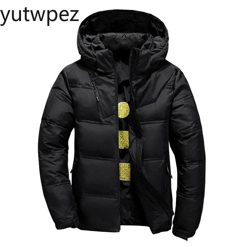 Casaco Casual com Capuz para Caminhadas ao Ar Livre em Cor Sólida, Jaqueta de Penas de Pato Branco para Homens, Casaco de Inverno Masculino à Prova de Vento com Capuz Removível