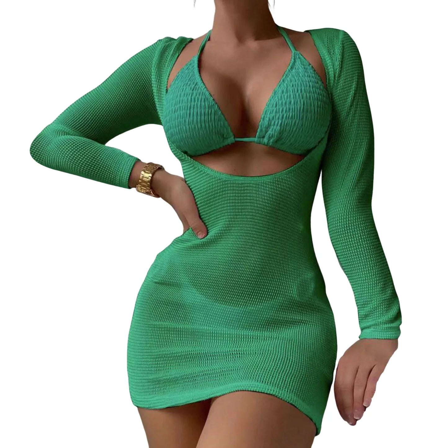 Conjunto de biquíni feminino de 3 peças com sutiã frente única, amarração nas costas e saída de praia em malha. Cor sólida. Ideal para mulheres.