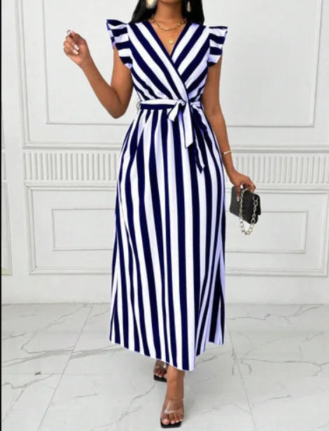 Vestido longo estampado de verão com decote em V temperamento elegante cinto listrado