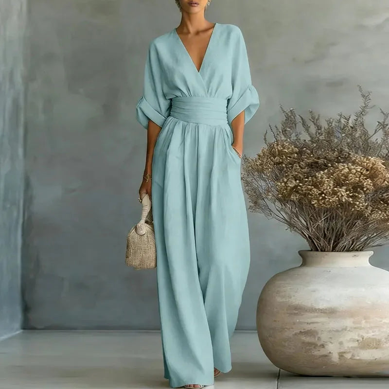 2026 Deep V Neck Women's Jumpsuits Elegant Solid High Waist Rompers Casual Wide Leg Pants Pocket Overalls Vacation Outfit Loose