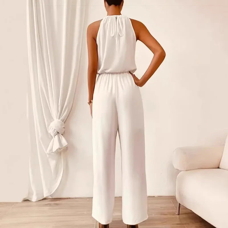 Macacão Feminino de Cintura Alta com Elástico, Caimento Solto, Calça Comprida, Fibra de Poliéster, Coleção Primavera, Fabricado na China