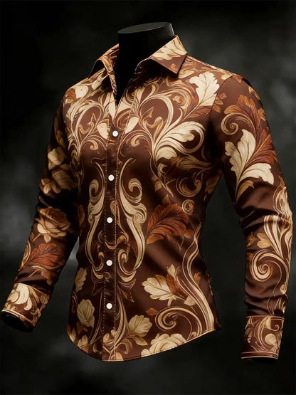Nova camisa masculina estilosa com estampa 3D de chamas, design casual com botões e manga comprida.