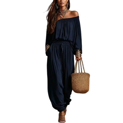 Conjunto Elegante de Duas Peças com Blusa de Manga Longa Off Shoulder e Calças Jogger com Cordão para Mulheres