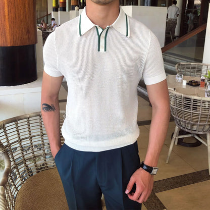Camisa polo de manga curta de malha masculina, blusa casual de negócios, polo Slim Fit, primavera verão, camiseta listrada moda, camiseta com gola polo, malhas