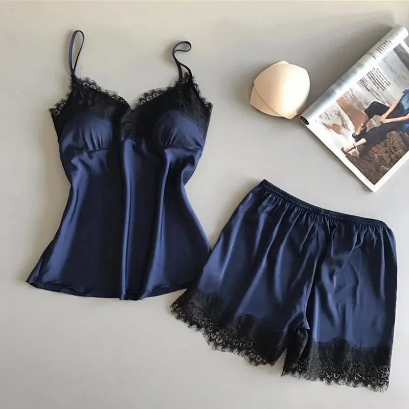 Mulheres pijama terno moda com decote em v estiramento cetim babydoll renda lingerie sexy bowknot pijamas sono shorts conjunto pijamas novo