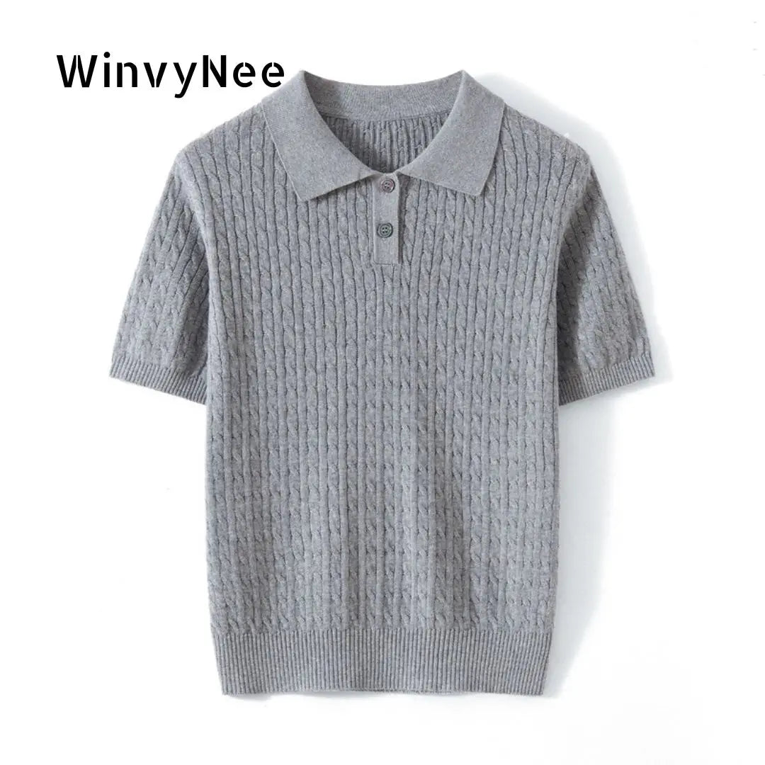 Camiseta Feminina de Algodão WinvyNee, Manga Curta, Azul Sólido, Ajuste Slim, Estilo Y2K, Gola Polo, Casual, Básica ZA1523009