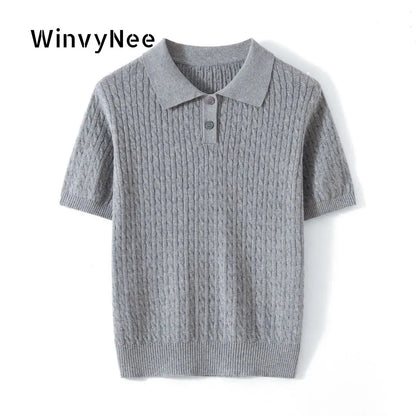 Camiseta Feminina de Algodão WinvyNee, Manga Curta, Azul Sólido, Ajuste Slim, Estilo Y2K, Gola Polo, Casual, Básica ZA1523009
