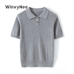 Camiseta Feminina de Algodão WinvyNee, Manga Curta, Azul Sólido, Ajuste Slim, Estilo Y2K, Gola Polo, Casual, Básica ZA1523009