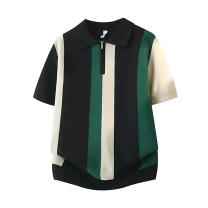Camiseta Masculina de Verão com Listras, Camisa Polo Elegante e Minimalista, Suéter de Malha Versátil