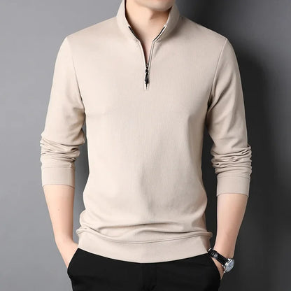 primavera e outono pulôver masculino gola zíper sólido manga longa camiseta alta pescoço polo inferior moda casual topos
