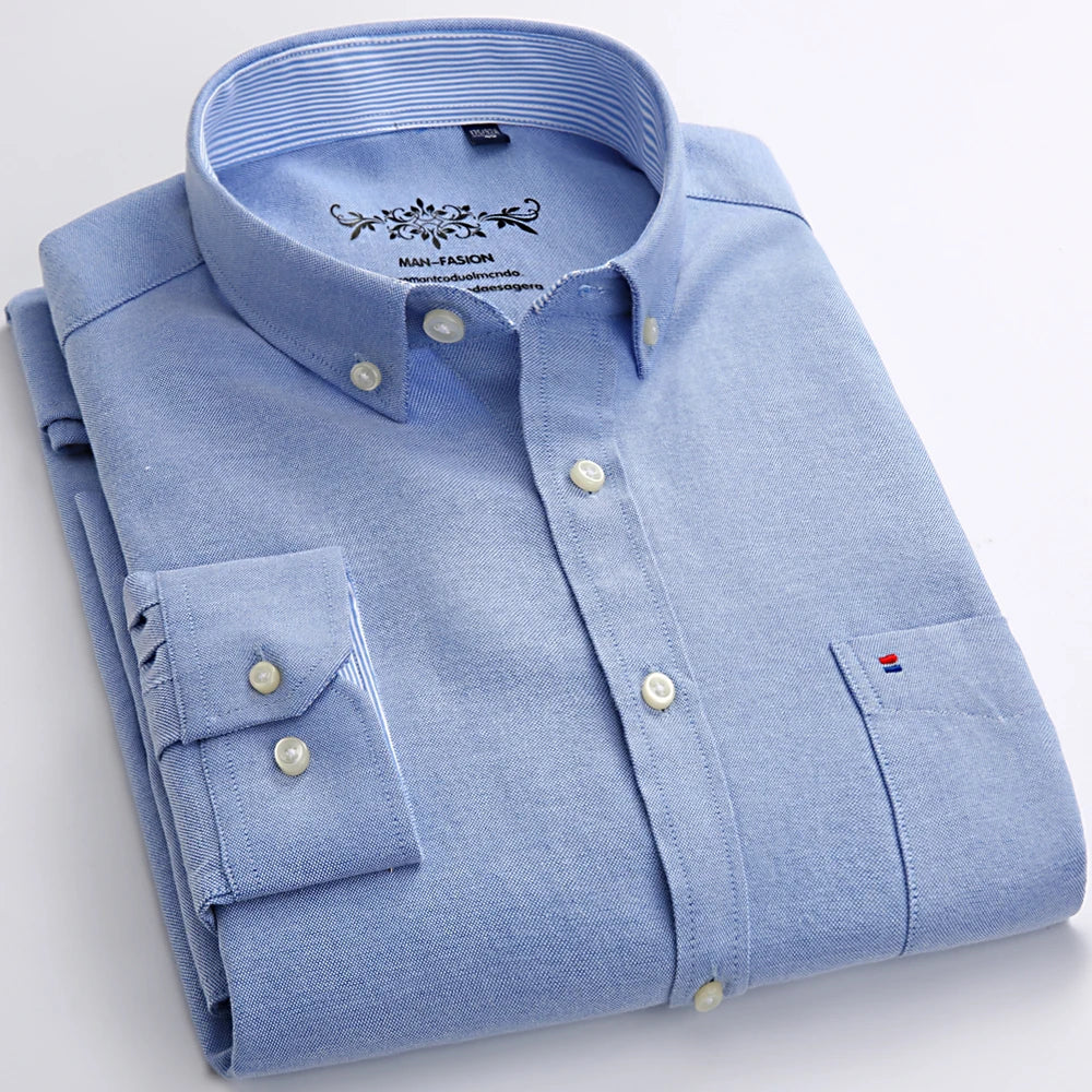 Camisa masculina de manga comprida oxford com botão no peito esquerdo confortável outono inverno ajuste regular casual versátil moda