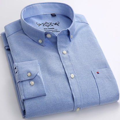 Camisa masculina de manga comprida oxford com botão no peito esquerdo confortável outono inverno ajuste regular casual versátil moda