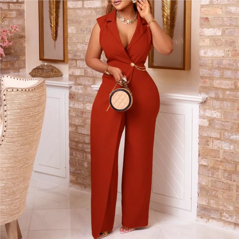 Moda feminina sem mangas terno gola cintura corrente macacão primavera verão sólido sem mangas de perna larga & playsuits macacão