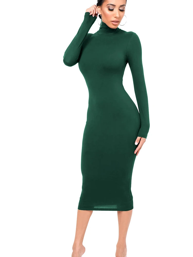 Inverno preto gola alta sexy vestido feminino outono manga longa magro midi boydcon casual azul pelúcia na altura do joelho festa