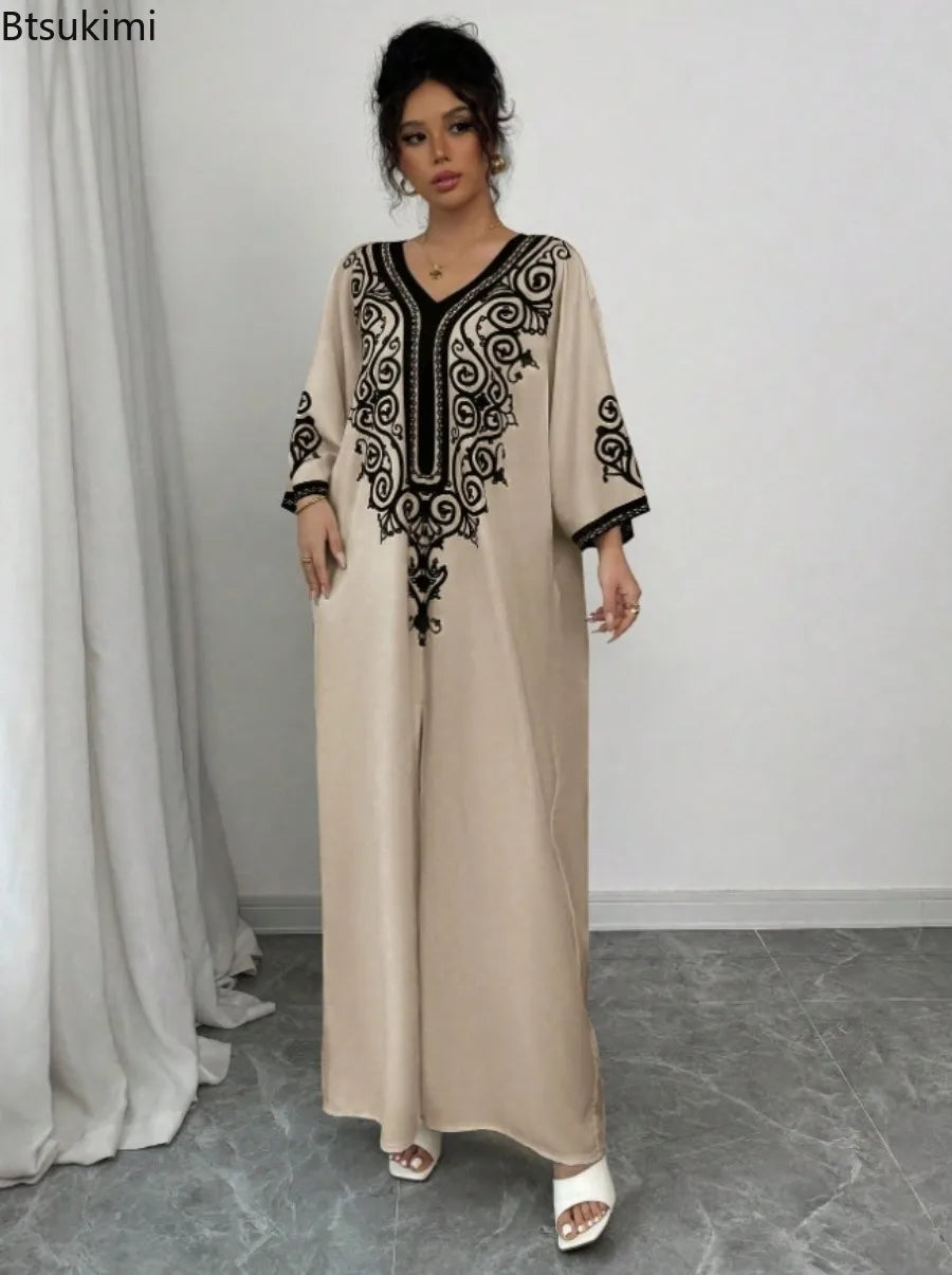 Vestidos Maxi Muçulmanos para Mulheres, Robe Solto com Decote em V, Jalabiya para Festas, Vestido Elegante para o Ramadã, Vestidos Longos, Kaftan Árabe Marroquino, Abayas
