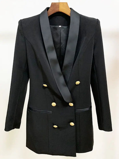 Blazer feminino de alta qualidade, modelo 2026, com botões de leão, abotoamento duplo, gola xale em cetim e modelagem longa.