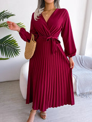 Vestido maxi feminino elegante com decote em V e manga comprida plissado