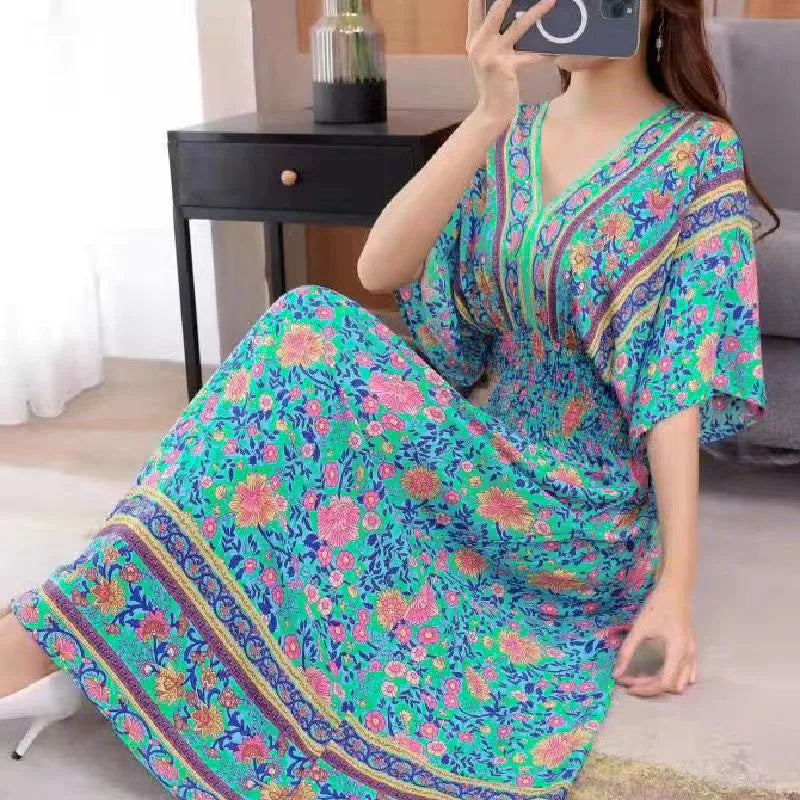 Flor colorida com decote em v elástico jovem boêmio doce midi vestido mulher roupas chique moda vestidos de verão 2025 grande balanço esqui