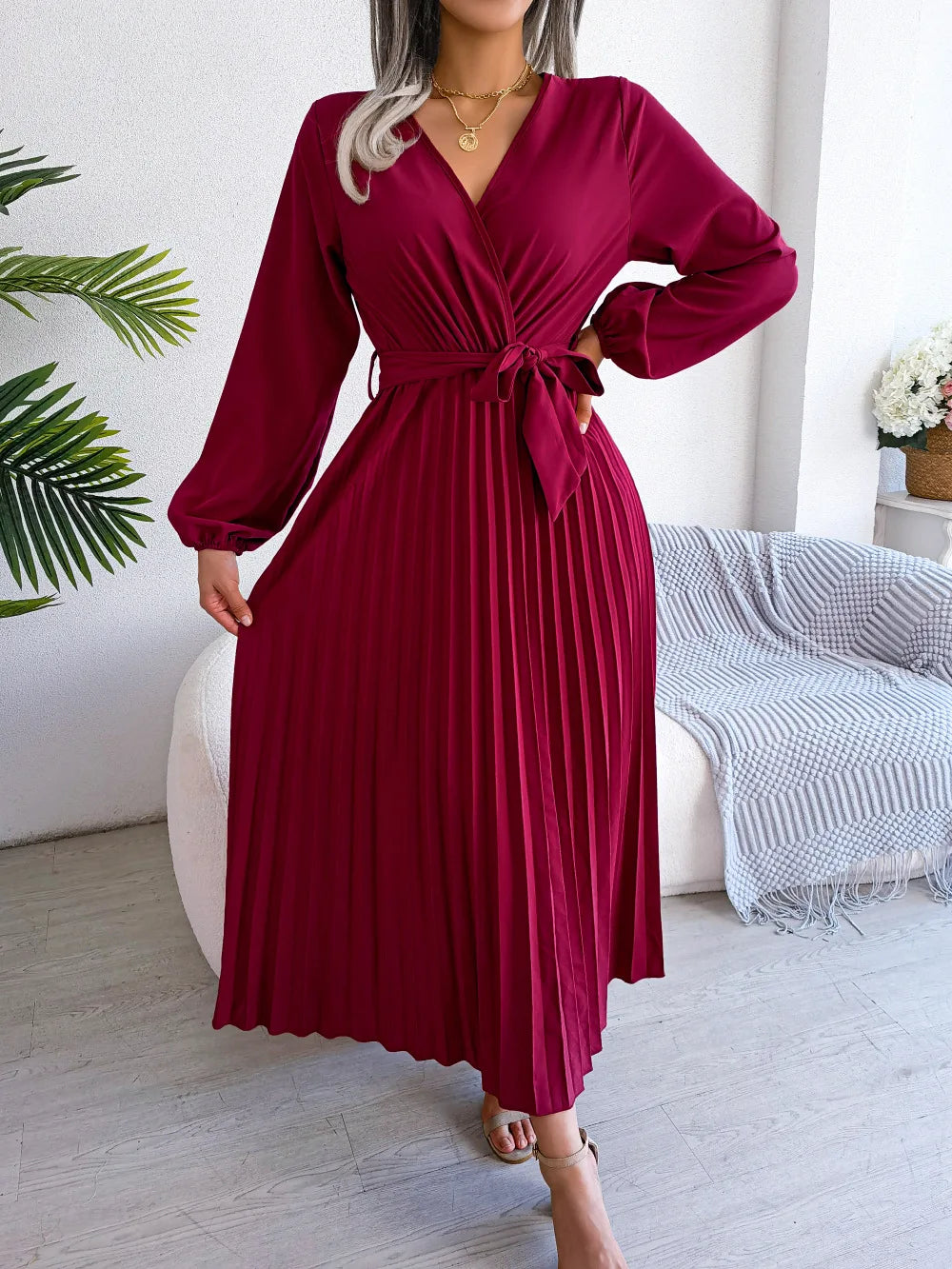 Elegante V Neck manga comprida das mulheres plissado vestido Maxi