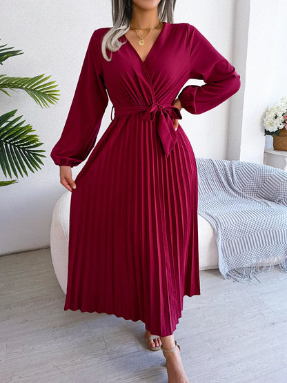 Elegante V Neck manga comprida das mulheres plissado vestido Maxi