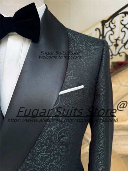 Ternos de Casamento Elegantes Pretos em Jacquard com Abotoamento Duplo para Noivos - Conjuntos de 2 Peças, Blazers Masculinos para Festas, Corte Slim Fit com Lapela Xale - Roupa Masculina