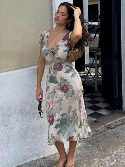 Vestido Longo Plissado com Mangas Borboleta para Mulheres, Decote V Profundo, Estampa Floral, Sexy, com Cintura Ajustável, Vestidos Femininos para Férias e Passeio